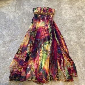 La Femme Strapless Silk Maxi Dress with Gold Embellishments